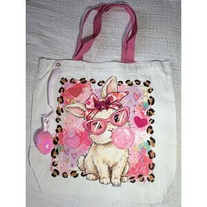 Easter Bunny Pink Bubble Canvas Tote Custom Design Embellish OOAK Basket Bag NEW